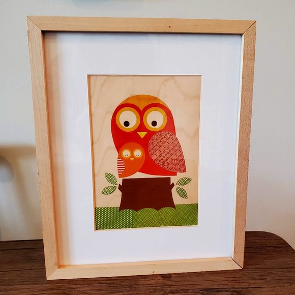 Original Art Print, Petit Collage Owl & Baby on wood, framed, Lorena Siminovich - Picture 1 of 5